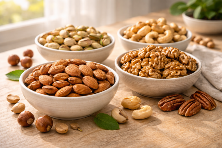 Assorted nuts nutrition and health benefits — almonds, walnuts, pistachios, cashews